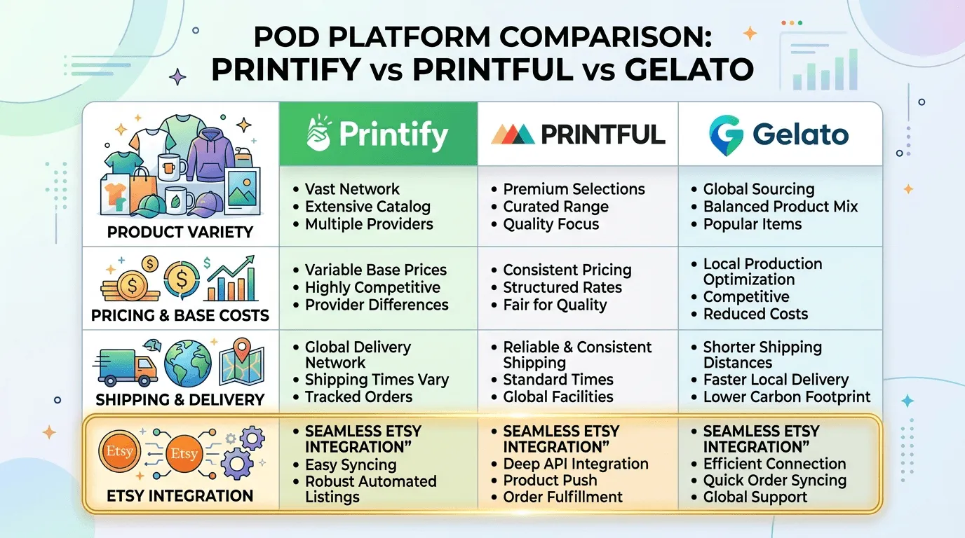 Cover for Printify vs Printful vs Gelato: The Ultimate Etsy POD Comparison for 2026